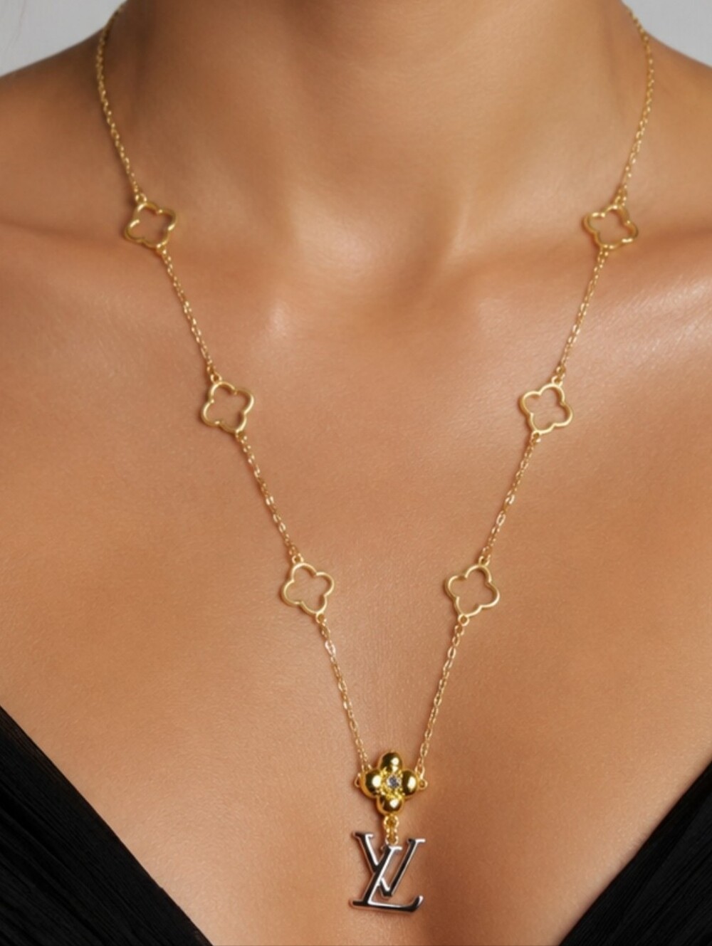 20"  Gold-tone Chain Necklace with Flower Motifs and LV Pendant, Zip Pull
